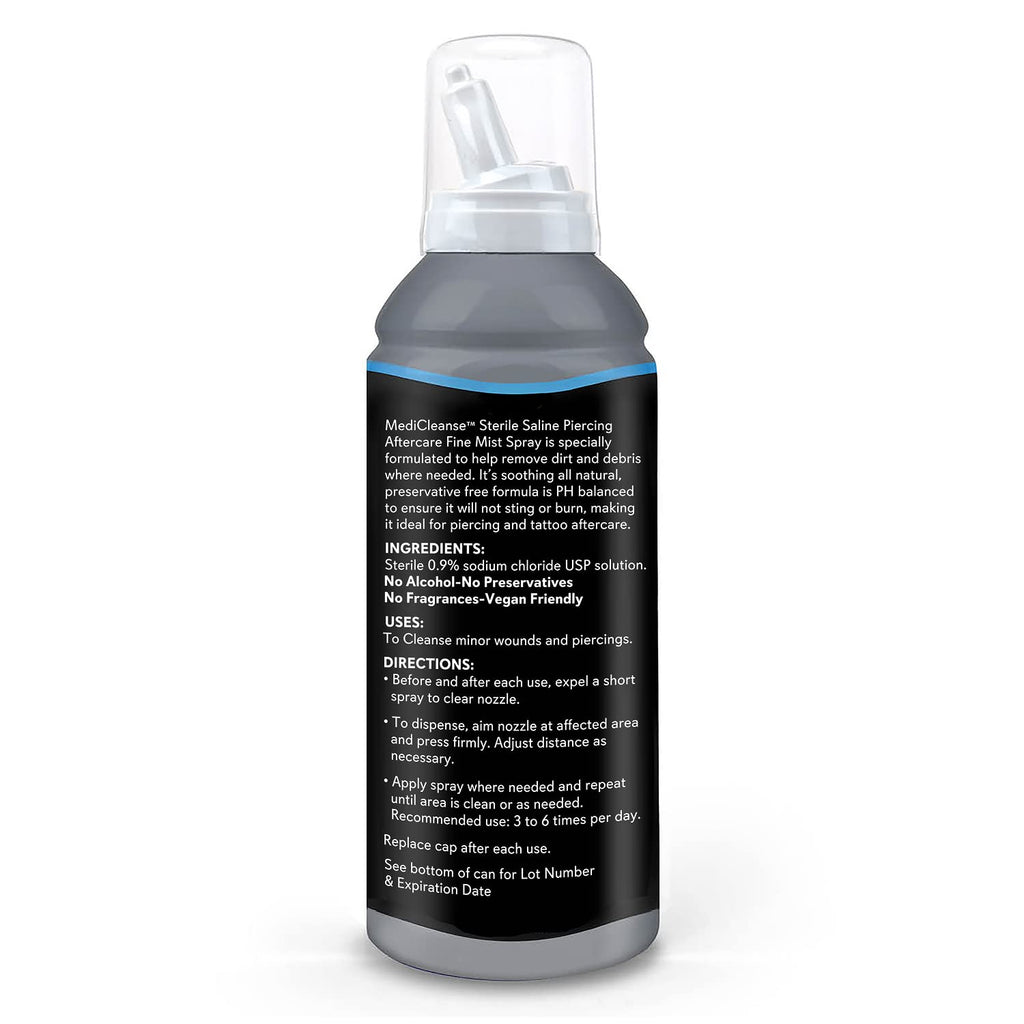 MediCleanse Sterile Saline Piercing Aftercare Fine Mist Spray, 7.5 Ounce, All Natural, No Alcohol, Vegan Friendly, for Piercings and Tattoos, Made in USA, Pack of 2