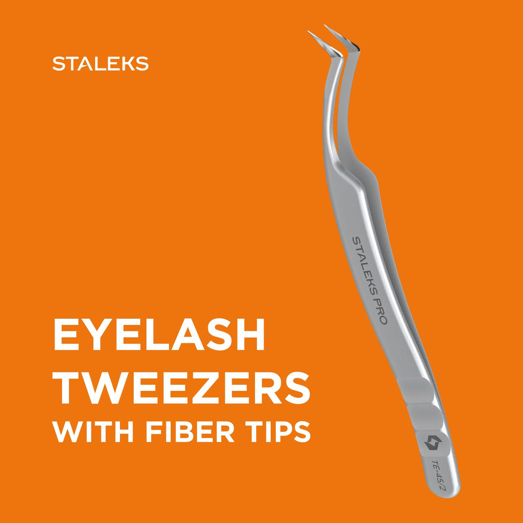 STALEKS PRO Expert 45 Type 2 Professional Eyelash Tweezers (L-Shaped 40°) – Stainless Steel with Nano-Notches for Volume & Mega-Volume Lash Extensions & Enhanced Visibility