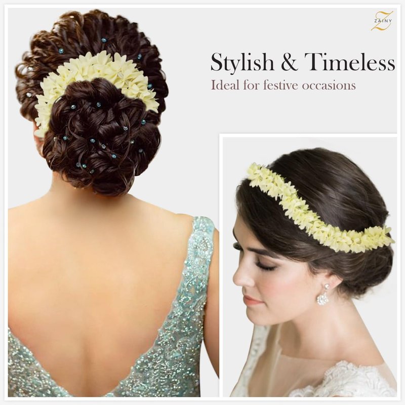 ZAINY 6 Pack Mogra Gajra for Hair Indian Bun, Artificial Fabric Jasmine Flowers Hairbun, White Hair Flowers for Women, Reusable Traditional Veni, Hair Accessories Gajra Bracelet, Juda and Wedding