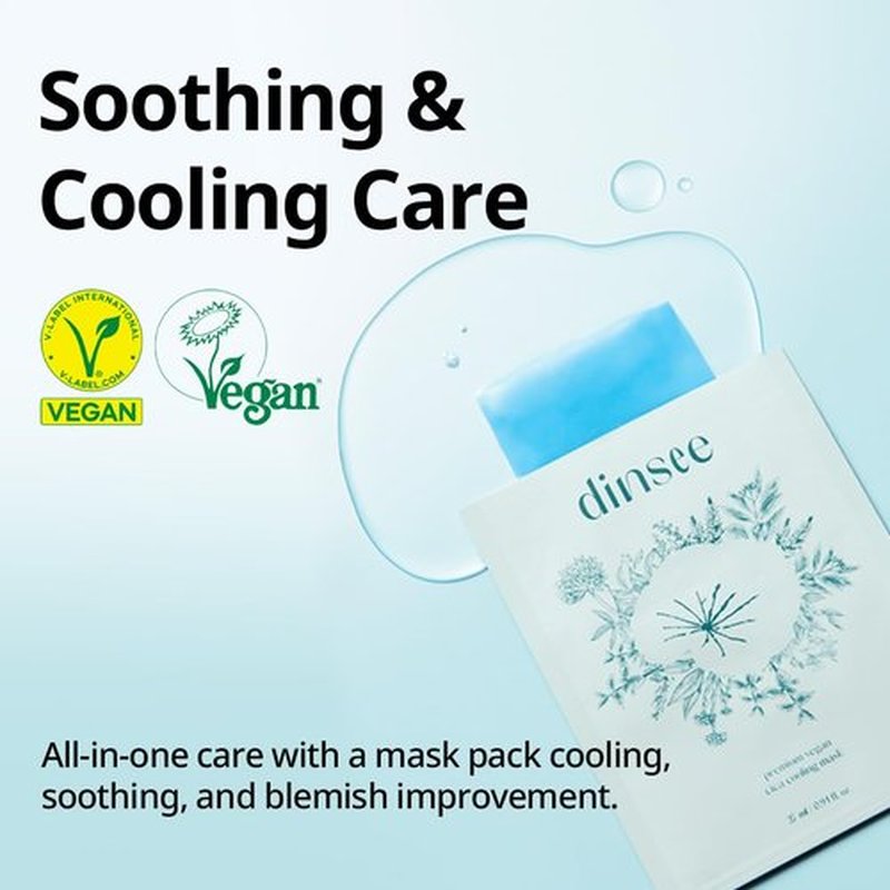 DINSEE Premium Vegan Cica Cooling Mask Sheet- Instant Calm & Glow, Skin Softening Facial Mask, Centella Asiatica & Hyaluronic Acid for Hydration, 27mlx5ea