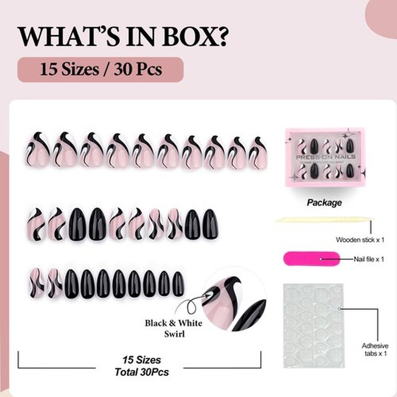 Fomkrio Black and White Swirl Print Short Press On Nails Almond Acrylic Fake Nails with Designs Spring Summer Nails for Women Girls, 15 Sizes - 30Pcs Manicure Nail Kit
