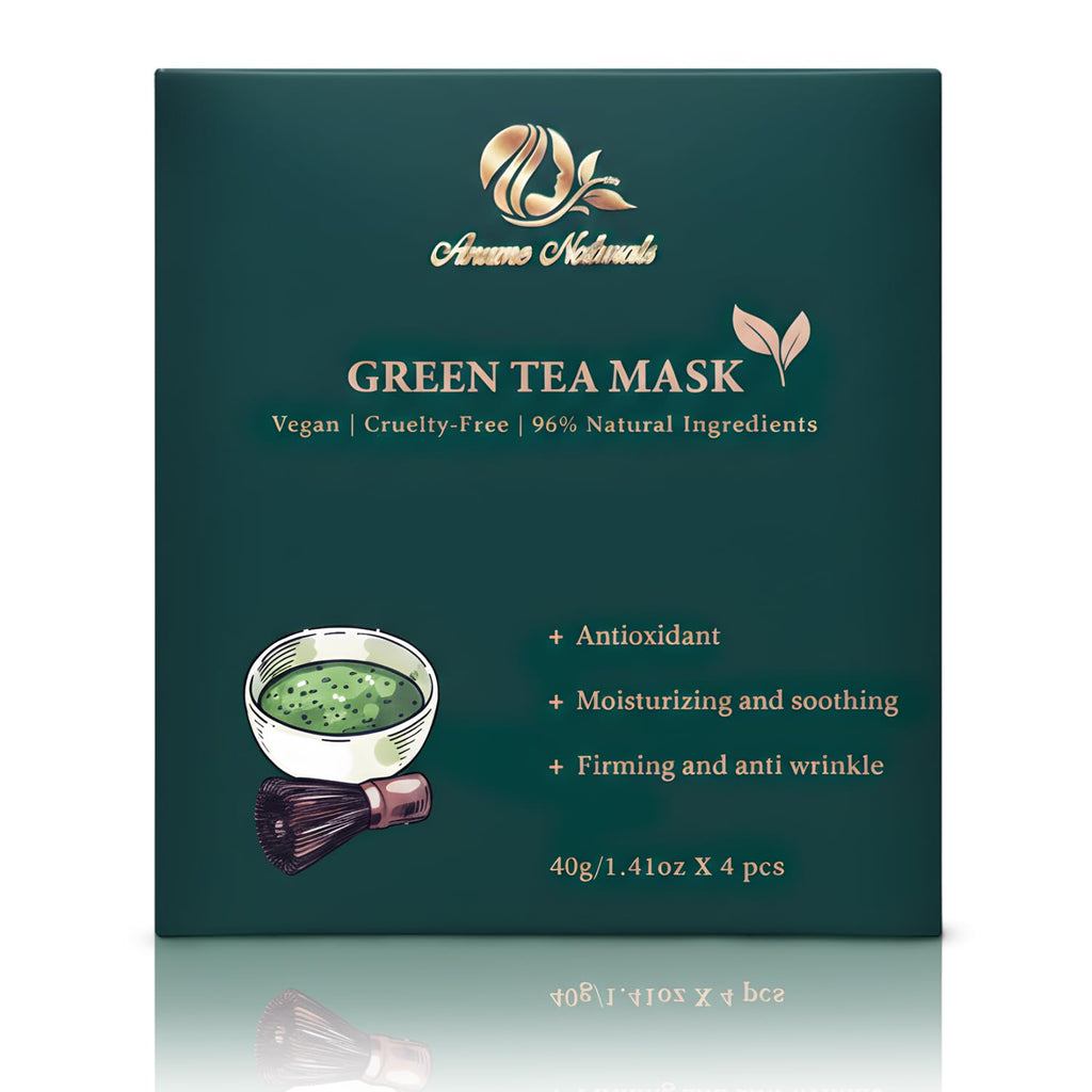 Anume Naturals Green Tea Face Mask – Vegan Facial Mask with Green Tea Extract, Glycerin & Hyaluronic Acid, Moisturizing Face Mask for Skin Care, Cruelty-Free | 4-Count (40g Each)
