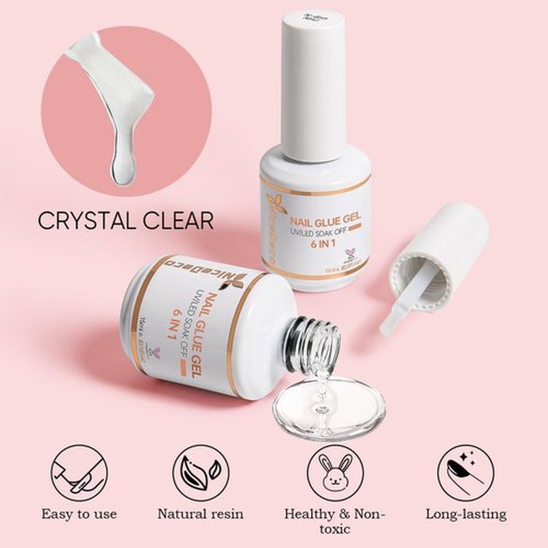 Nicedeco Gel Polish 6 in 1 Nail Glue Gel for Acrylic Nails, Hema Free, Cruelty Free, Vegan 2 Pcs 15ml Super Strong Brush in Nail Gel Glue for False Nails Tips and Gel Nail Polish Led Lamp Required