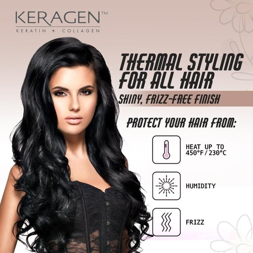 KERAGEN Heat Protectant Spray - 8 Oz Thermal Styling for All Hair Types | Shiny, Frizz-Free Finish with Keratin & Collagen