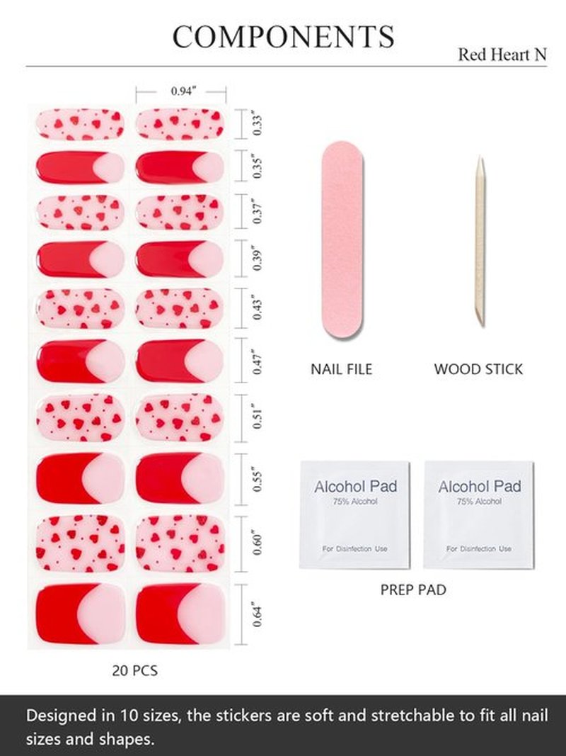 AutyaMee Semi Cured Gel Nail Strips (Red Heart N), Valentine's Day French, 20 Pcs Gel Nail Wraps, Stickers, Works with Any UV Lamps