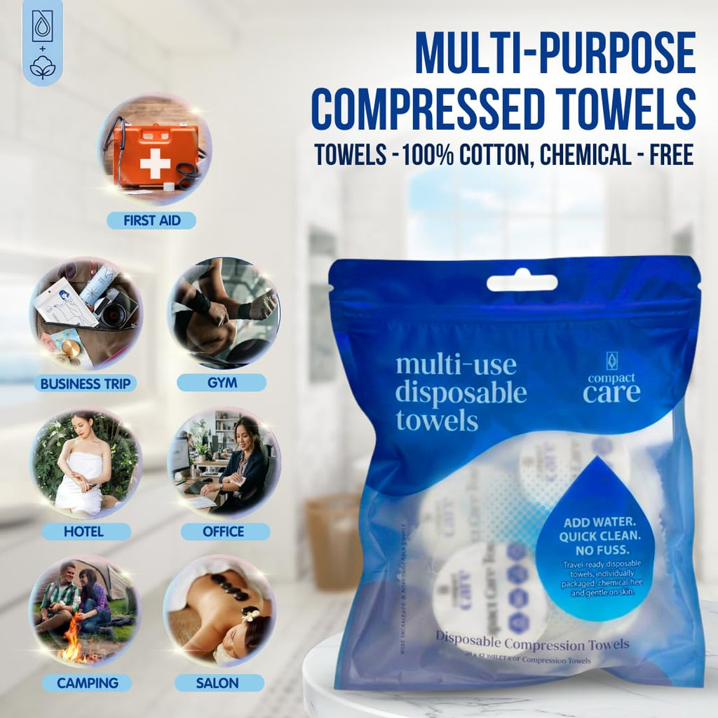 Compressed Towels 12 Pack - 100% Cotton Disposable Face Towels - Expandable Travel Towel Tablets - Disposable Towels for Camping, Hiking, Travel, Home & Personal Hygiene - Chemical-Free Hand Towels