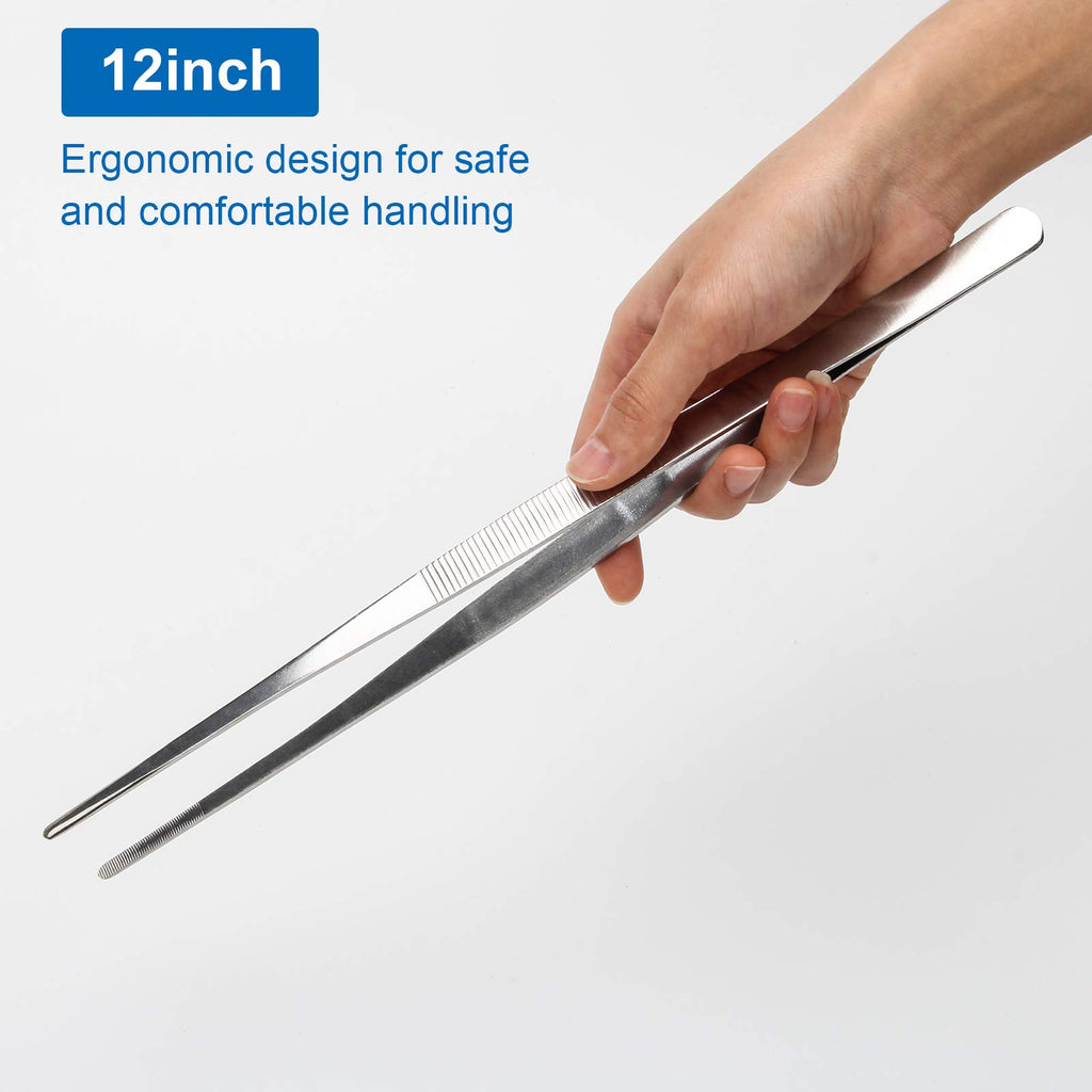 AHIER 12inch Kitchen tweezer Stainless Steel, Long tweezer with Precision Serrated Tips for Cooking Pincette for Sea food, Bar Tweezer