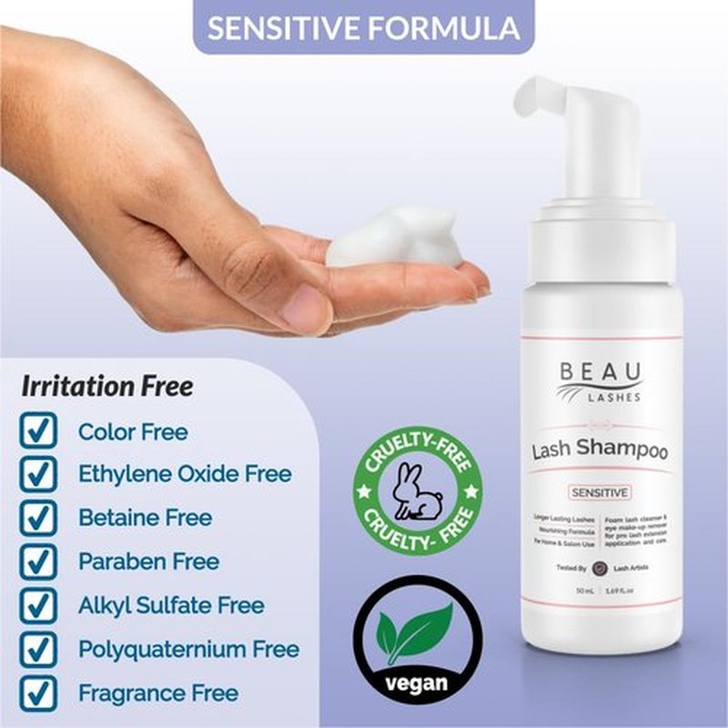Eyelash Extension Foam Cleanser Shampoo & Brush (150ml) - Oil Free Sensitive Paraben & Sulfate Free Eyelid/Lash Foaming Wash Cleaner To Remove Makeup & Mascara - Ideal For Salons And Home Care