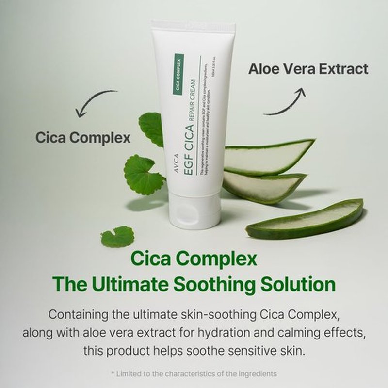 AVCA EGF Cica Repair Cream 100 mL (3.38 fl oz) – Fragrance-Free Moisturizer for Sensitive Skin with Centella & Aloe, Fast-Absorbing, Dermatologist-Tested, K-Beauty