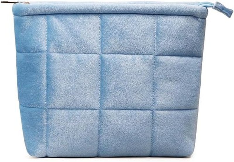 Skiennix Puffy Quilted Makeup Bag - Sky Blue Velvet Cosmetic Organizer Pouch for Travel