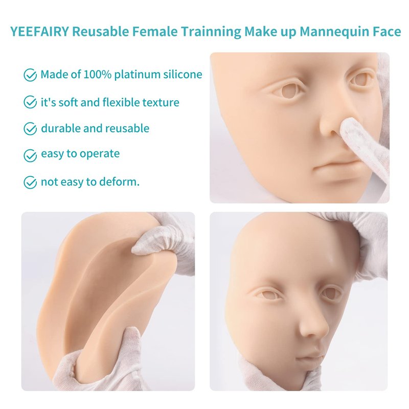 YEEFAIRY Makeup Practice Face Board 3D Reusable Silicone Mannequin Eye Face Kit Practice Skin with 2 Pairs of Realistic Eyeballs for Tattoo Artists Beauty Beginner (Natural)