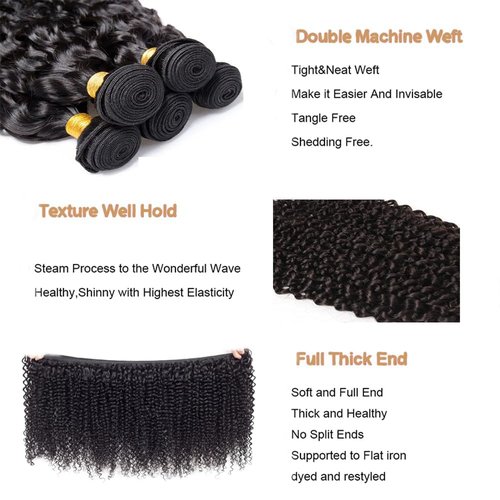 MLMYBAYEA Curly Bundles Human Hair 30 32 34 Inch Natural Black Color #1B Kinky Curly Bundles Double Weft Brazilian Virgin Hair Extensions Total 300g For Women