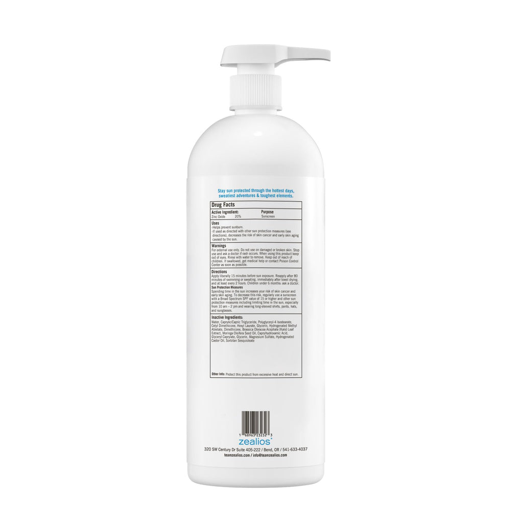 Zealios Sport Performance Mineral Reef Safe SPF 30 Sunscreen, 32 oz Bottle Plus Travel Bottle, Water & Sweat Resistant (80 min) Non-Greasy, 20% Non-Nano Zinc Oxide for Running, Cycling, Swimming