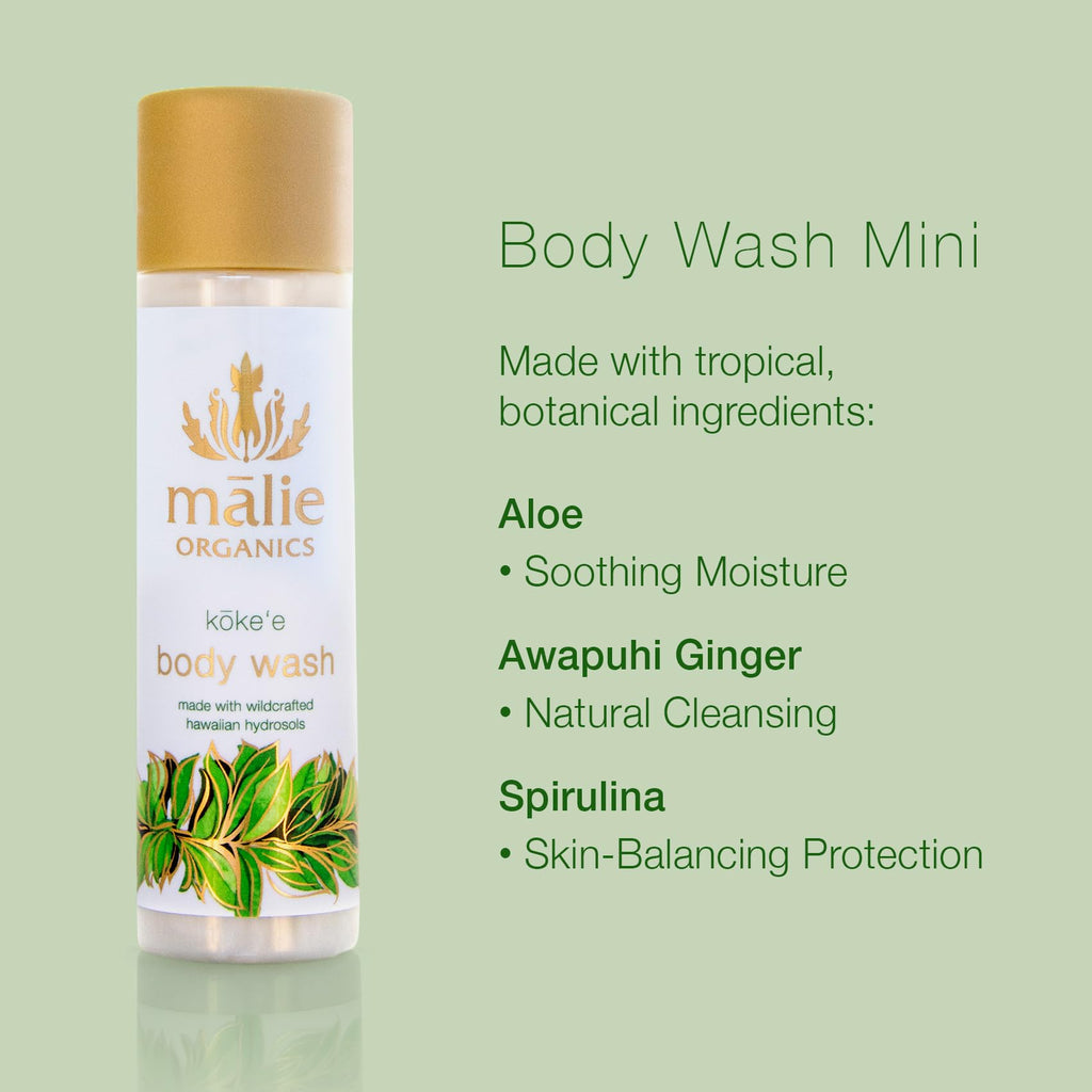 Mālie Organics Body Wash, Kōke‘e, 2.5 oz Travel Size, Hydrating Body Wash + Shave Wash, Aloe + Awapuhi + Spirulina, Vegan