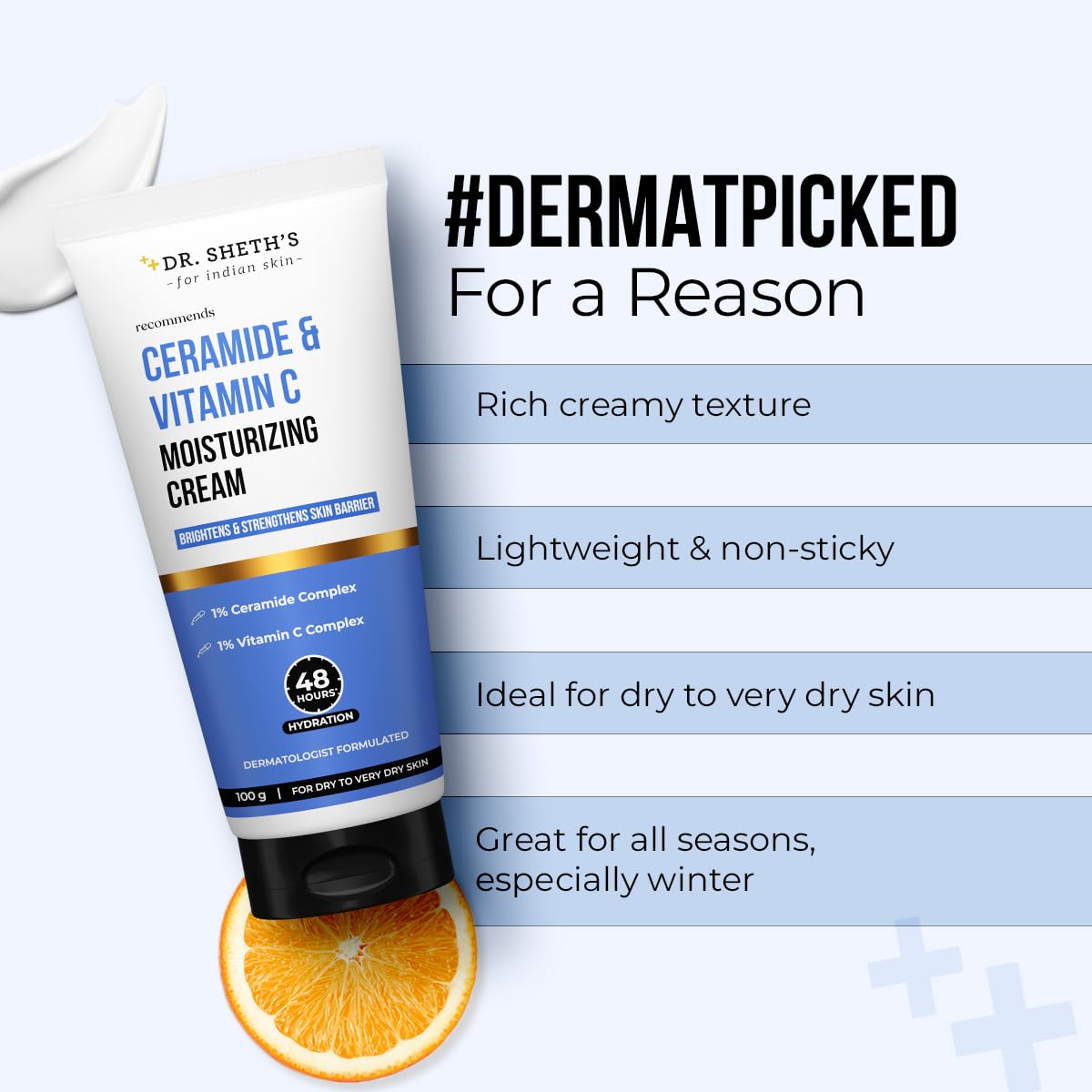 Dr. Sheth's Ceramide & Vitamin C Moisturizing Cream |For Dry to Very Dry Skin | 48hr Deep Hydration | Non Sticky | Biomimetic Ingredients | For Men & Women |100g