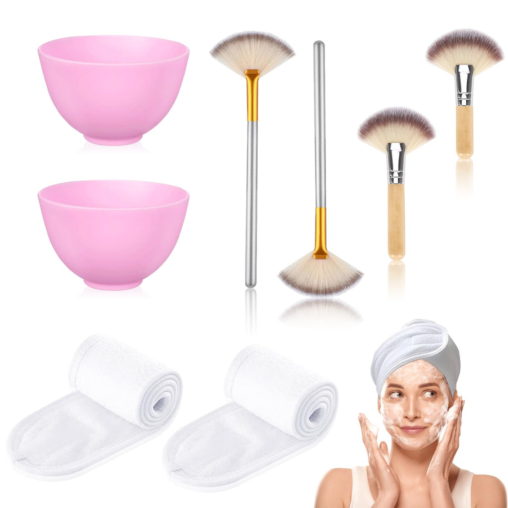 8 Pcs Esthetician Supplies for Facials 2 Facial Fan Mask Brushes 2 Purple Silicone Facial Bowls 2 Spa Facial Headband Velcro 2 Fluffy Fan Brushes Facial Applicator Brush with Long and Short Handle