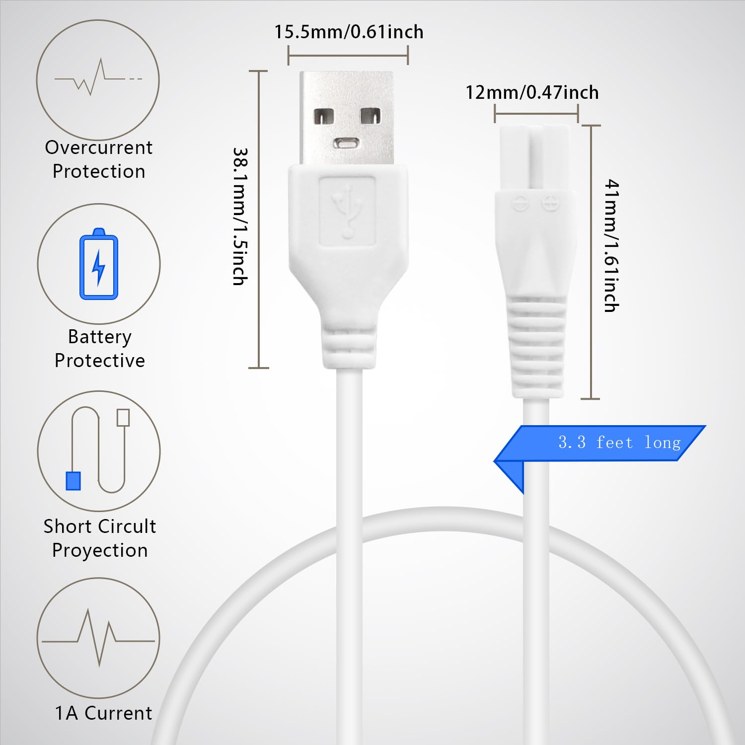 2 PCS Charger Cord Replacement for Pritech Electric Feet Callus Remover Foot Pedicure, USB Power Adapter Charging Cable