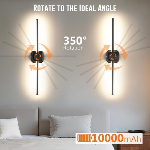 HEERTTOGO Battery Operated Wall Sconces - Set of 2 Dimmable LED Lights with Remote Control | 360° Rotatable, 3-Color Temperature