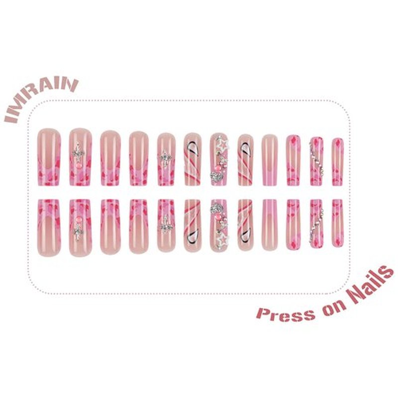 IMRAIN Long Square Press on Nails Pink French Tips Fake Nails with Cross & Cherry Charm Designs Full Cover Glossy Glue on Nails Acrylic Artificial Nail Supplies 24Pcs