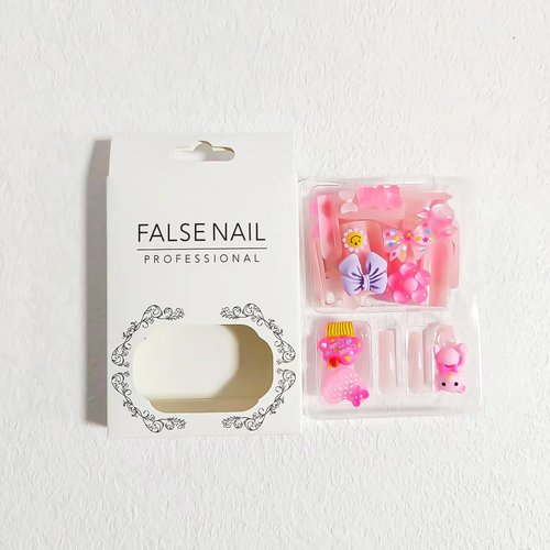 24Pcs Long Press on Nails Square Fake Nails with Charms Nude Pink Acrylic Nails Cute Heart Bear Charm Designs Glue on Nails Reusable Artificial Full Cover Stick on Nails for Women and Girls