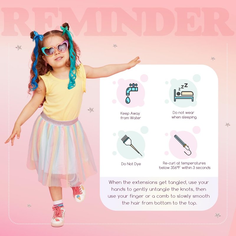 Z-CHARMMY Rainbow Color Hair Extensions for Kids, Crazy Hair Accessories for Girls, Tie-in Curly Ponytail Extensions with Ribbon Bow, 5 Colors, 10 Pieces