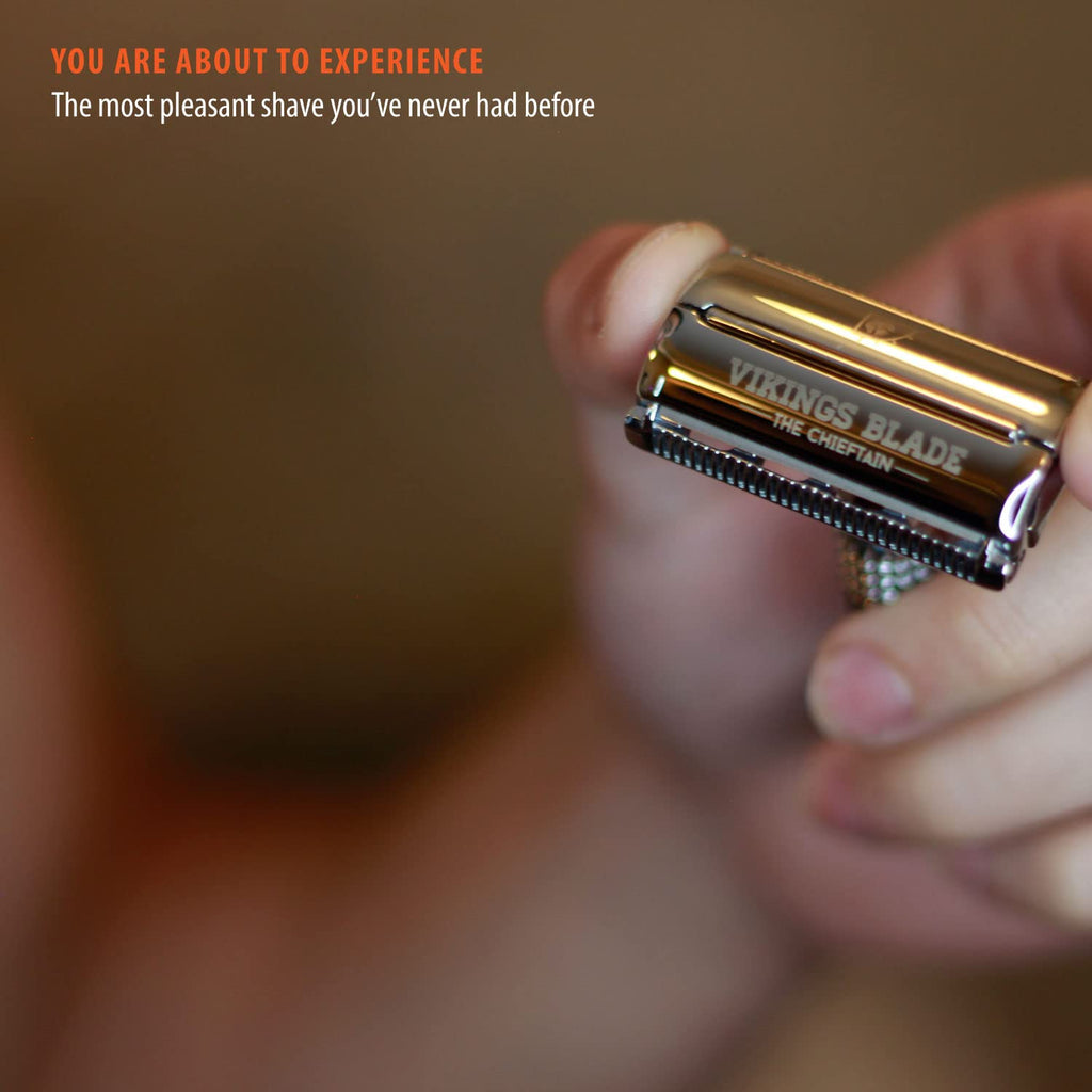 VIKINGS BLADE Double Edge Safety Razor for Men + 5 Swedish Steel Blades + Luxury Case. Smooth, Reusable, Eco-Friendly (The Chieftain)