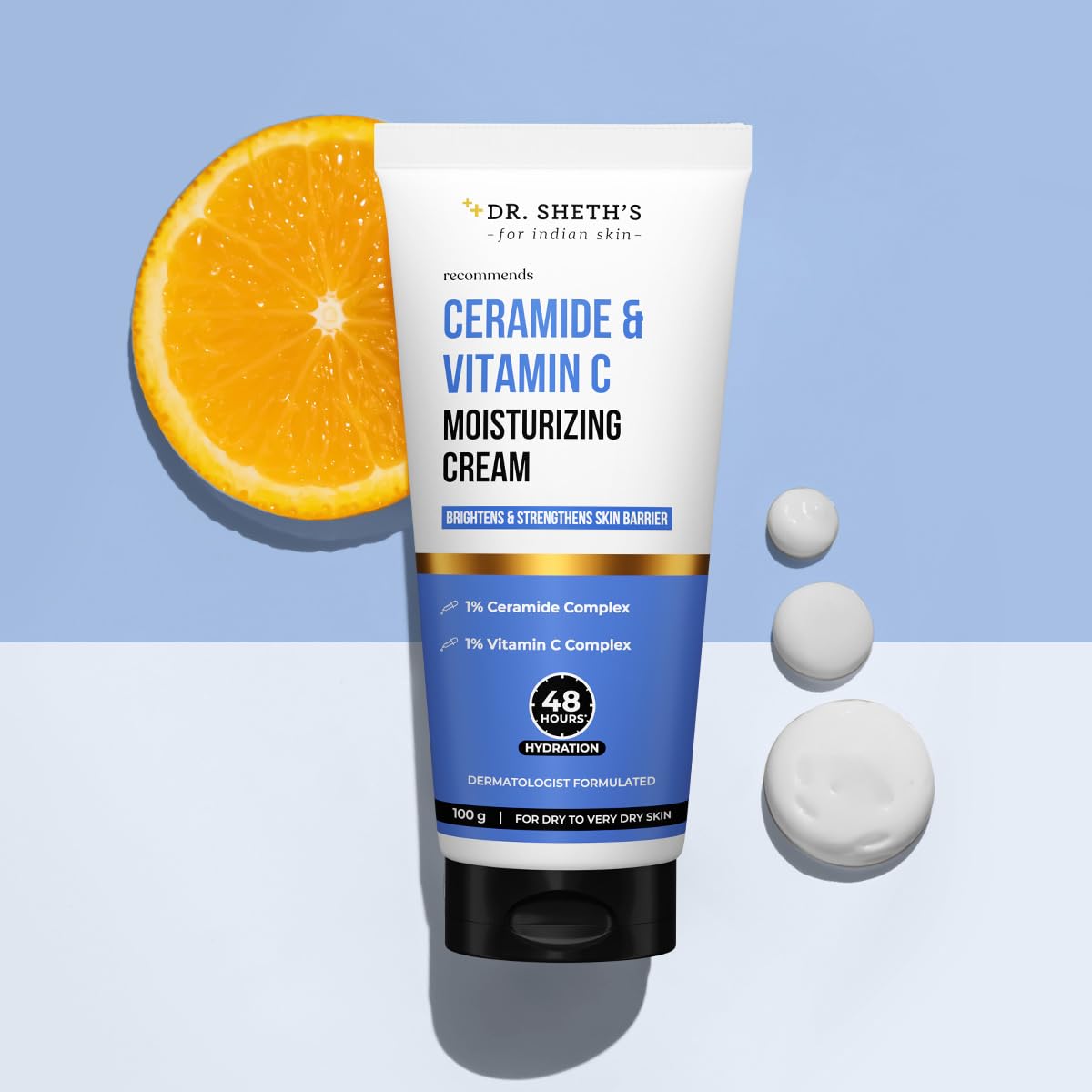 Dr. Sheth's Ceramide & Vitamin C Moisturizing Cream |For Dry to Very Dry Skin | 48hr Deep Hydration | Non Sticky | Biomimetic Ingredients | For Men & Women |100g
