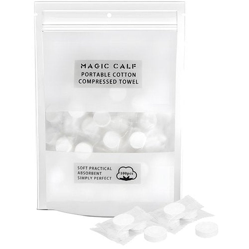 Classycoo Compressed Towel 100 PCS Mini Tablets Disposable Portable Face Towel Cotton Coin Tissue for Travel, Camping, Hiking, Sport, Beauty Salon, Home Hand Wipes and Other Outdoor Activities (White)