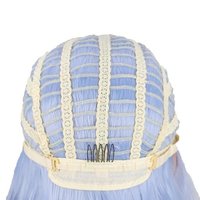 Greenmirr Light Blue Wavy Wig with Bangs Synthetic Ice Blue Bob Wig for Women Replecement Hair 14in