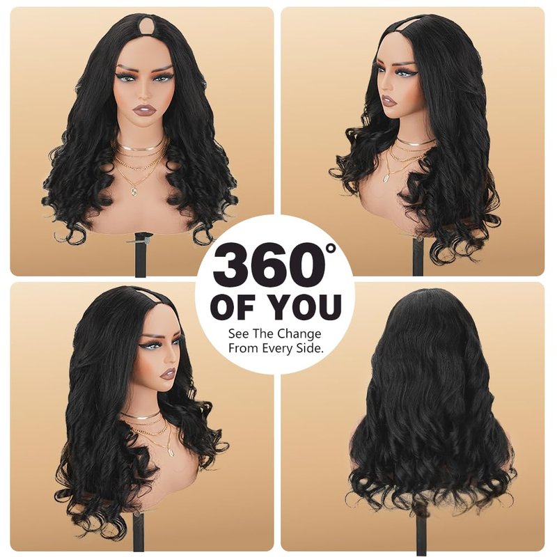 V Part Wig Human Hair Body Wave Upgrade U Part Human Hair Wigs With Adjustable Drawstring 250% Density Glueless No Leave Out V Shape Wigs Full Head Clip In Half Wig For Women (Natural Black, 16 Inch)