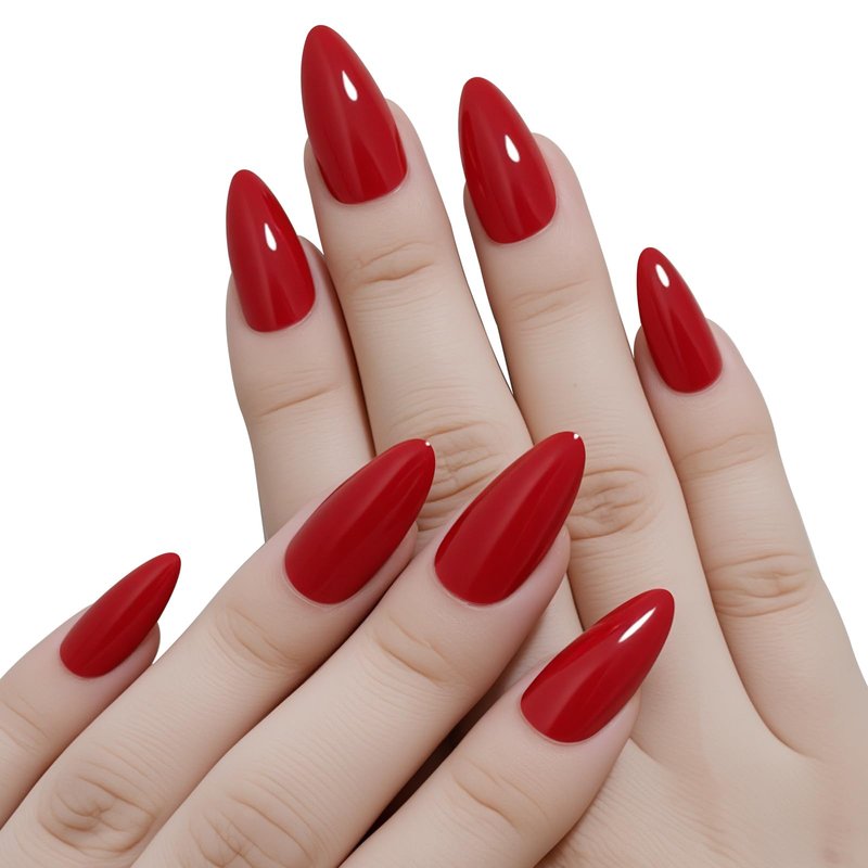 Yersunsy 24Pcs Press on Nails for Women Girl, Solid Color Medium Almond Fake Nails Glossy Artificial Fingernail, Reusable with Adhesive Tabs for Gift Parties Festival Makeovers (Red)