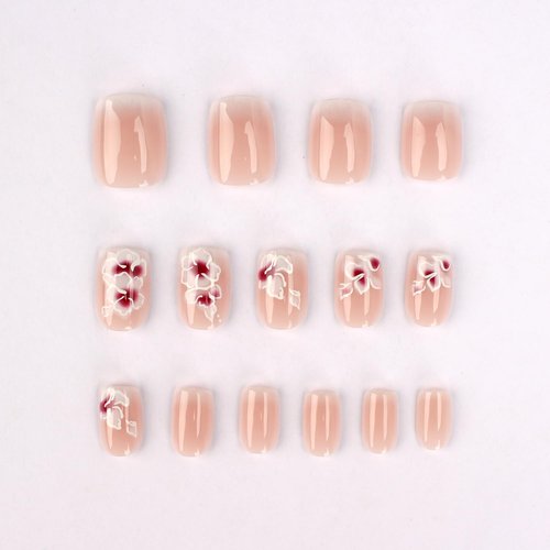 Mivota French Press On Nails Short Square White Nude Gradient False Nails Delicately Adorned with White Silver Flowers Reusable Glue On Nails for Women Kit 24Pcs