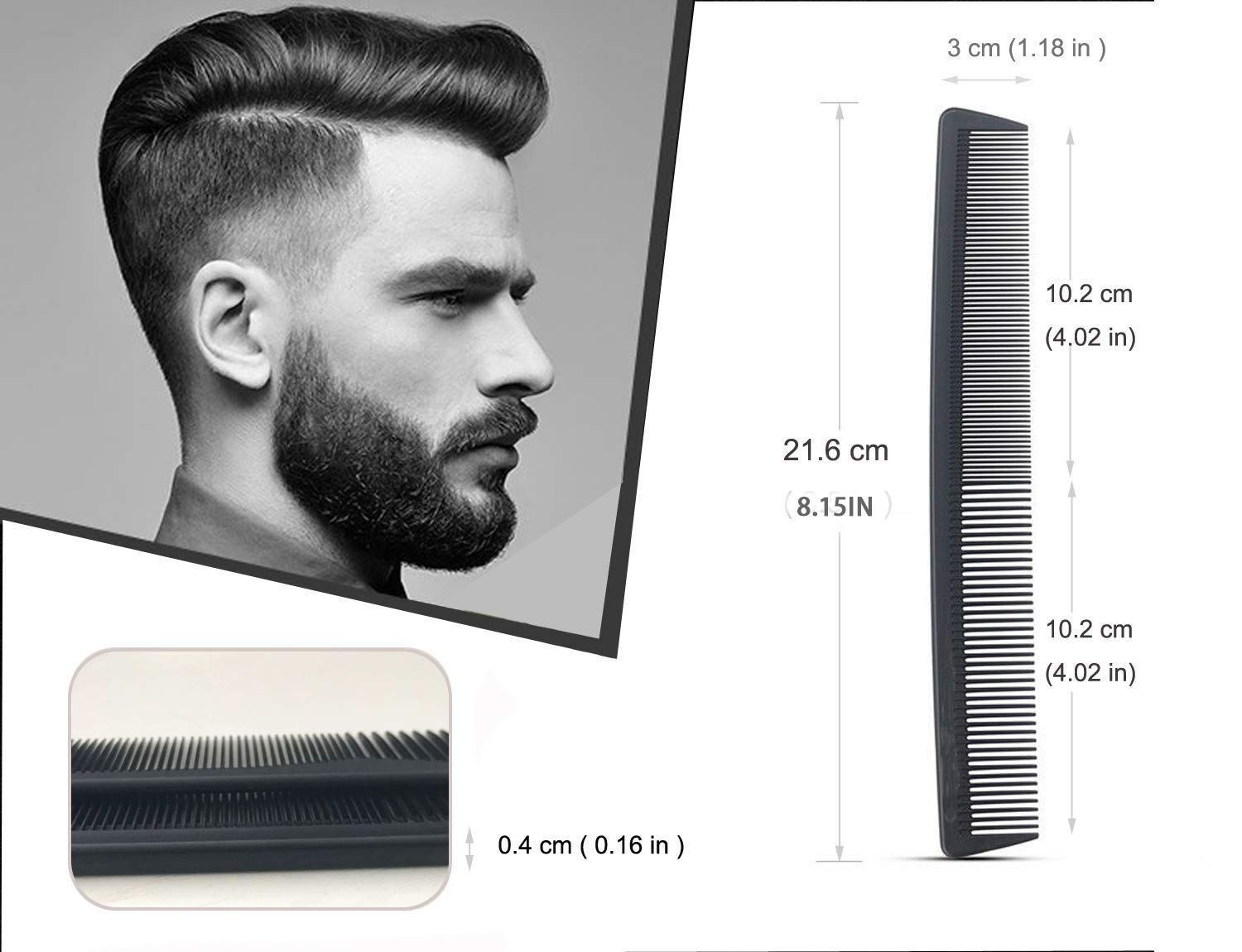 3 Pack Carbon Fiber Cutting Comb - Professional 8.15' Styling Comb for All Hair Types, Fine and Wide Tooth