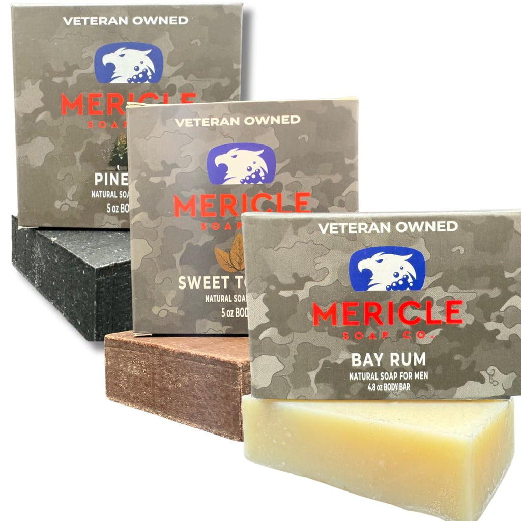 Mericle Soap Co. All Natural Bar Soap, 3 Bar Variety Pack- Bay Rum, Sweet Tobacco, & Pine Tar | Fan Favorites | Made in the USA | Veteran-Owned | Ideal for Men