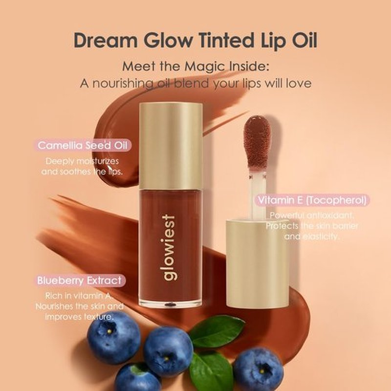 glowiest Dream Glow Tinted Lip Oil ; 3-in-1 Formula: Lip Gloss with a high shine finish, Non-sticky Long Lasting | Korean Plumped Tinted Lip Oil - 0.19 fl. oz. 5.7 ml (004 ROSEWOOD, Original)