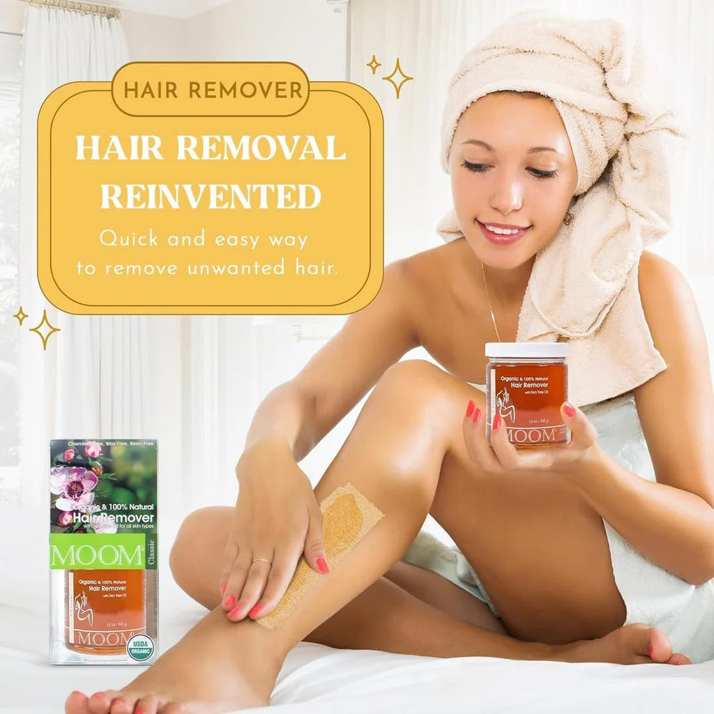 MOOM USDA Organic Sugar Wax Hair Removal Kit with 12 oz wax & 48 Strips