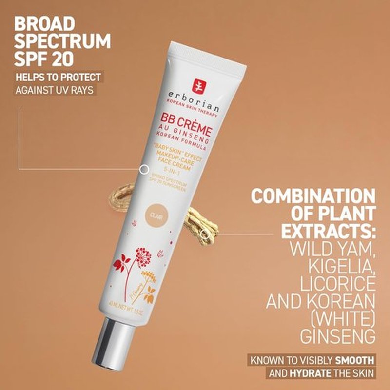 Erborian BB Cream with Ginseng, Doré (Golden/Tan) - Lightweight Buildable Coverage with SPF 20 & Ultra-Soft Matte Finish Minimizes Pores & Imperfections - Korean Face Skincare - 0.5 Oz