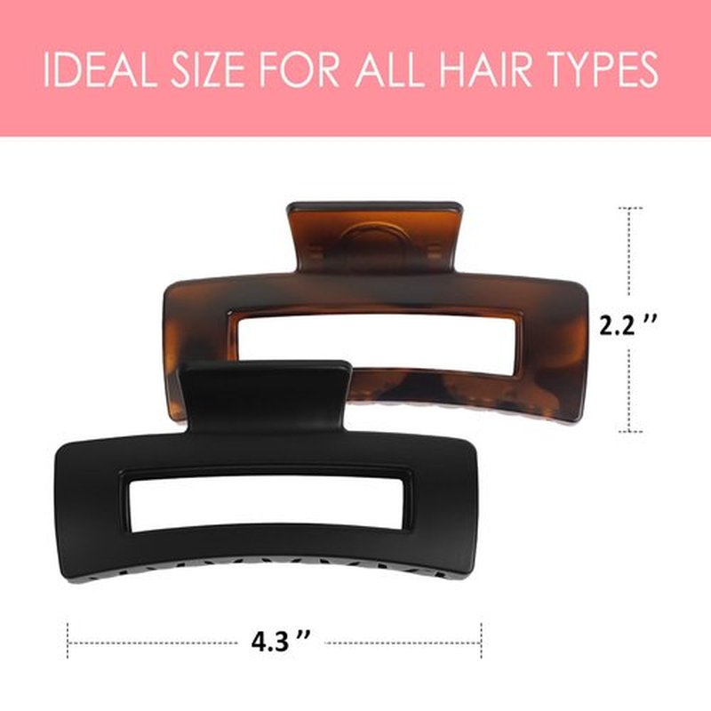 RosyReeds Claw Clip for Women, 4.3" Large 360° Grip Butterfly Spring Hair Clip, Matte Claw Clips 2 Pack - Strong Hold Rectangle Clips, Durable for Thick Hair, Black & Tortoise