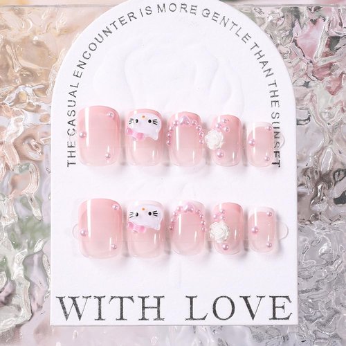 Pink French Tip Press on Nails Short Square Cute Fake Nails with Cat Flowers Nail Charms Design Full Cover Cartoon Acrylic Nails for Women DIY Party Nail Decoration Supply 24Pcs