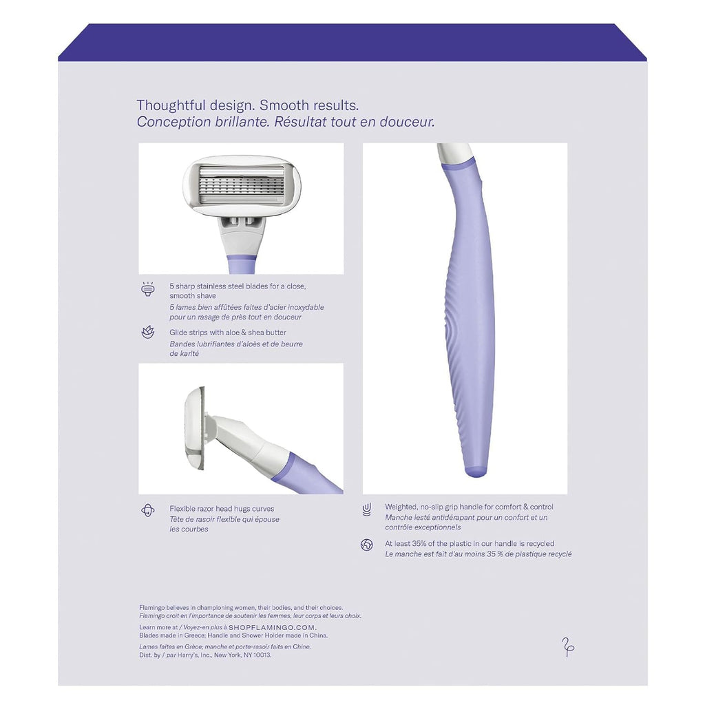 Flamingo Razors for Women, 1 Women's Razor Handle (Lilac), 13 Razor Five-Blade Refills, and 1 Shower Holder