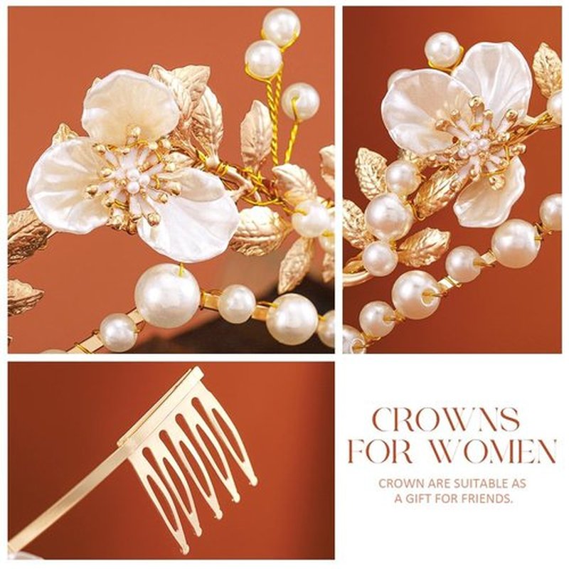 Gortin Flower Crown Bride Wedding Headband Gold Leaf Bridal Princess Headpiece Pearl Tiara Hair Accessories for Women