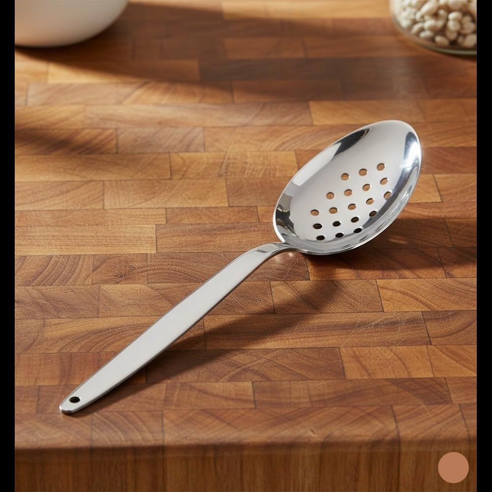 BNAZIND Chef Kunz Perforated Spoon | 9 Inch Silver 18/10 Stainless Steel Plating, Basting, Quenelle, Plating Spoon for Draining and Serving, Dishwasher Safe (Perforated)