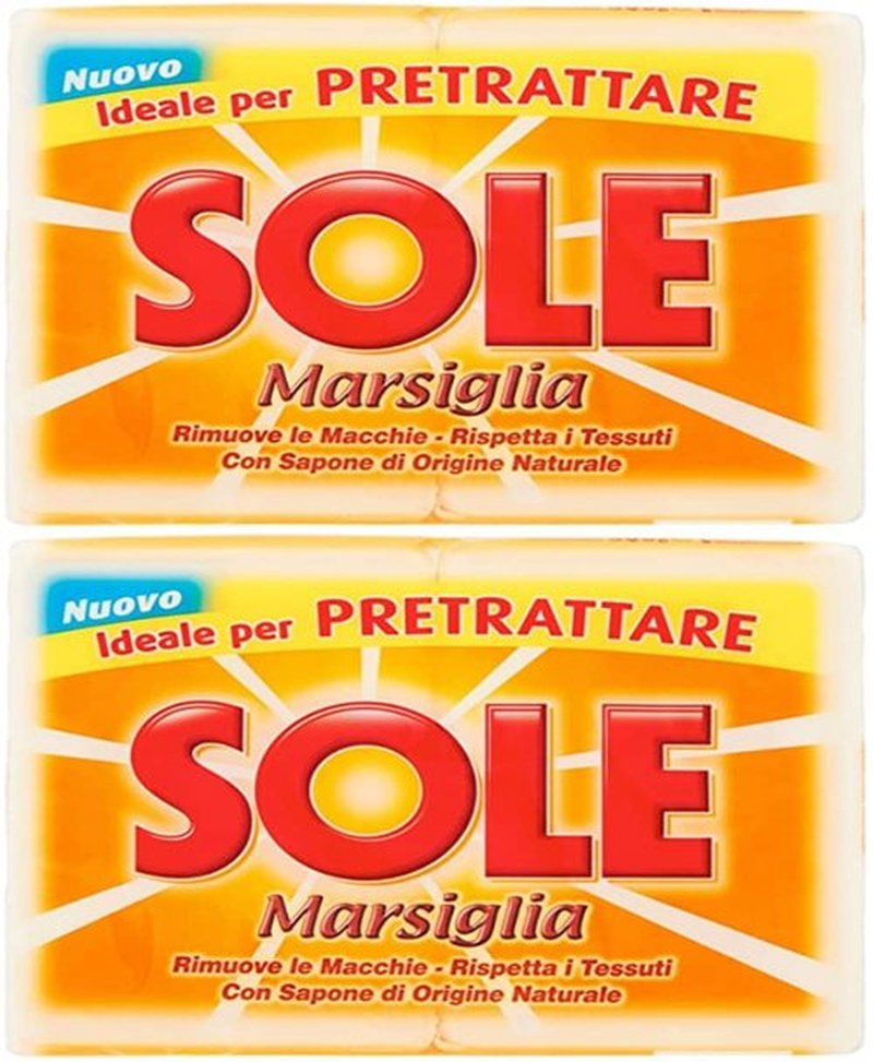 Sole:"Sole Marsiglia" Marseille Laundry Soap for Pre-Treating 8.8 Ounce (250gr) Soaps (Pack of 4) [ Italian Import ]