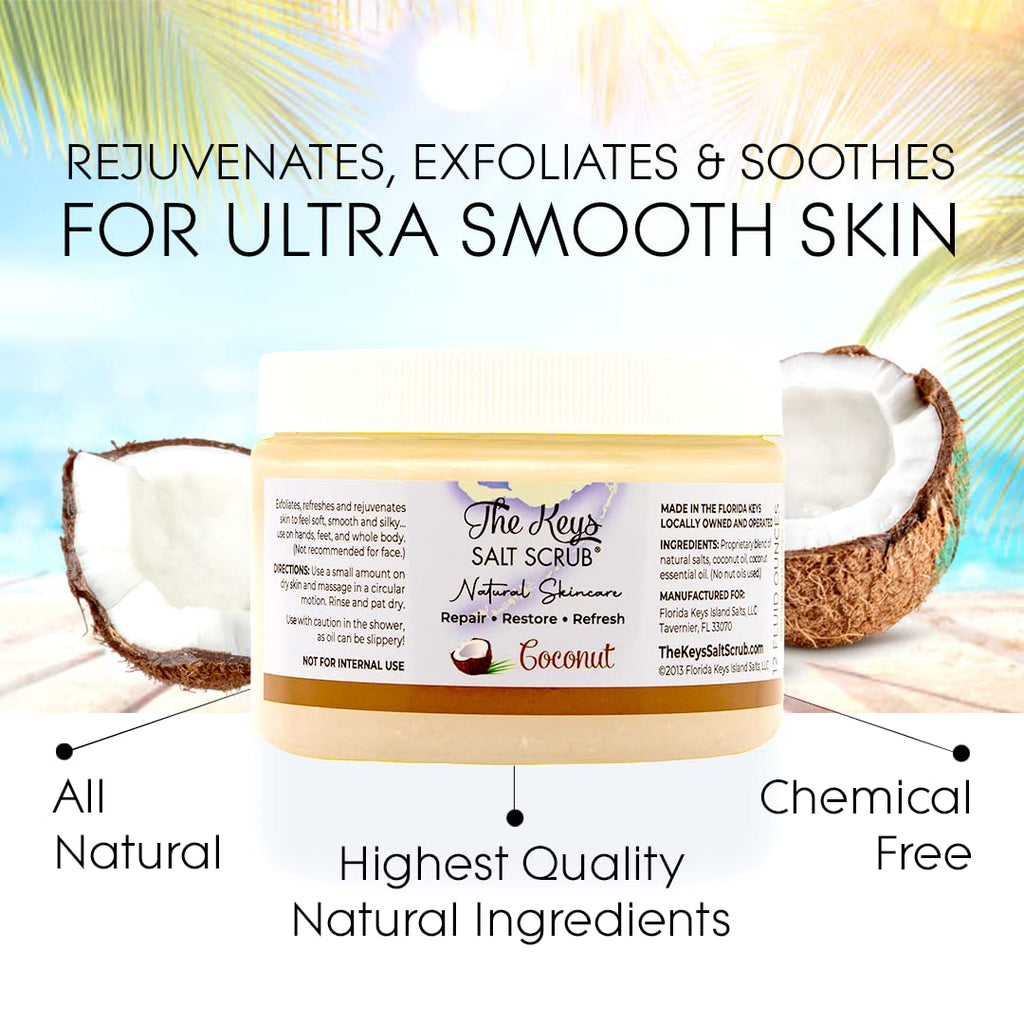 The Keys Salt Scrub -Sea Salt Scrub - Exfoliating Body Scrub with Wooden Spoon - Moisturizing Exfoliator for Hands, Foot, Bath, (12 Ounce (Pack of 12), Coconut)