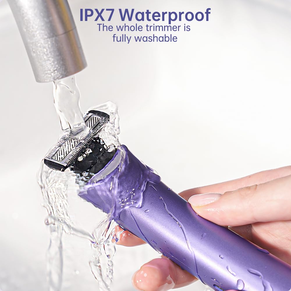 BreezeNu Bikini Trimmer for Women, 2-in-1 Painless Electric Razor with Dual Heads, IPX7 Waterproof Cordless Body & Facial Shaver for Pubic Hair, Underarms, Legs & Face, Wet & Dry (Purple)