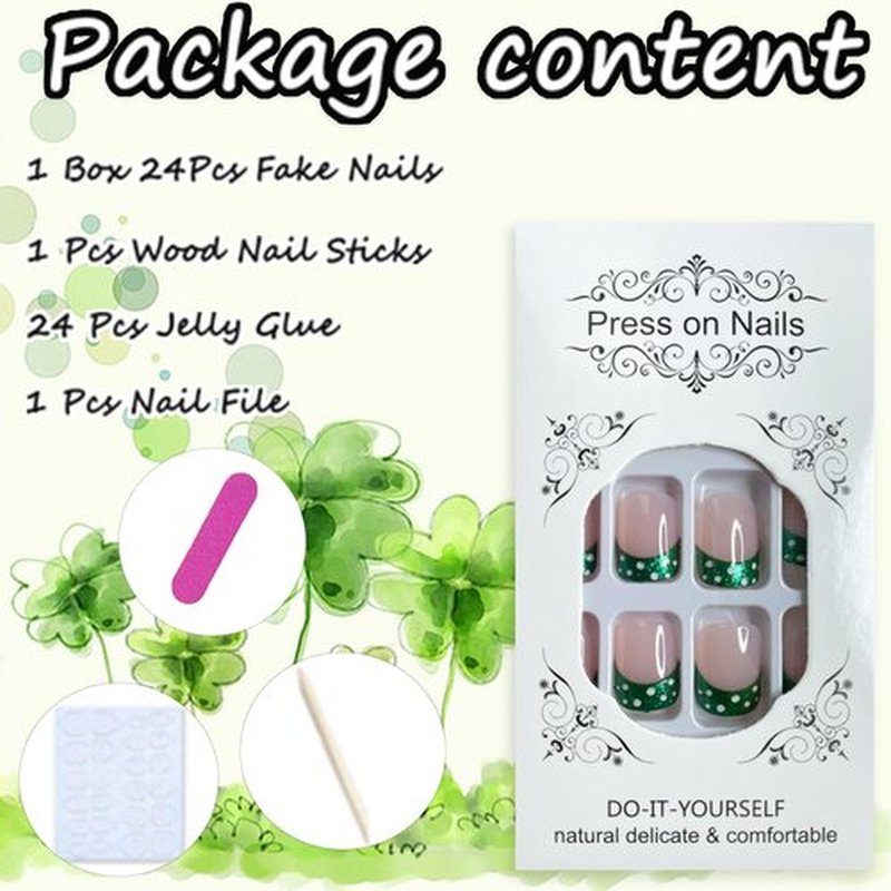 24Pcs St. Patrick's Day Press on Nails Square Medium Fake Nails Glitter French Tip False Nails with Green Shamrock Designs Full Cover Nail Tips Acrylic Nails St. Patrick's Day Glue on Nails for Women