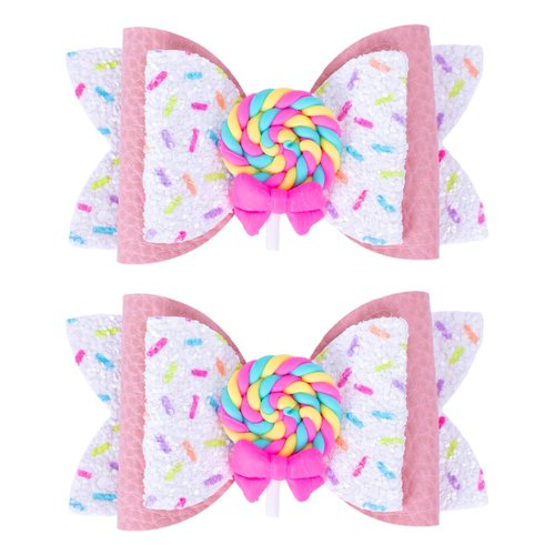 Beleki Lollipop Hair Bows, Glitter Hair Clips for Girls Sparkly Confetti Sprinkle Handmade Bows Metal Alligator Hairpin Hair Accessories for Girls Birthday Back to School Party Decor - Pink