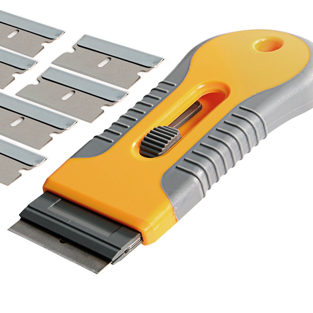 EHDIS Car Sticker Remover Glass Cooktop Razor Scraper with 10pcs Replace Blades for Label,Glue,Paint,Adhesive Remover,Oven Door, Stove Cleaning-Yellow