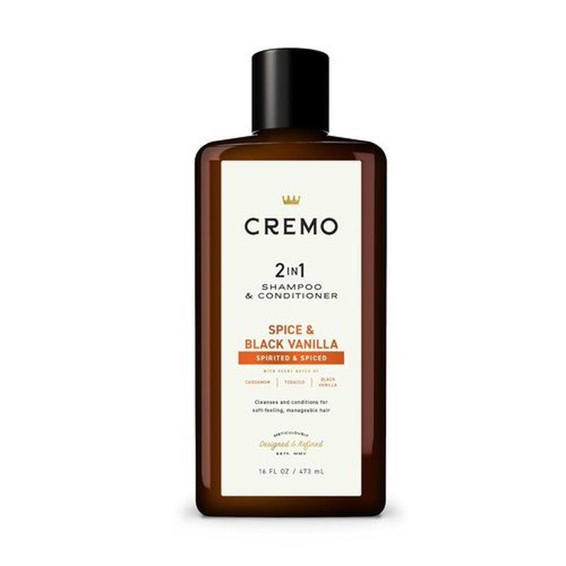 Cremo Spice & Black Vanilla 2-in-1 Shampoo & Conditioner - Barber Grade Moisturizing Formula, 16 Fl Oz