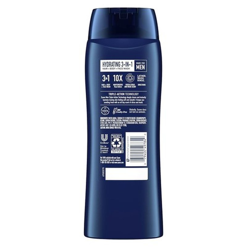 Suave Men 3-in-1 Moisturizing Body, Face & Hair Wash - Hydrating Citrus & Musk Scent | 18 Oz, Pack of 6